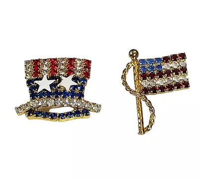 Vintage USA Patriotic American Flag Uncle Sam Top Hat Rhinestone Brooch Pin Set • $19.99