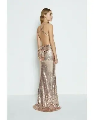 £50 • Buy New Coast Size 8 Gold Sexy Open Bow Back All Over Sequin Prom Dress Was £149