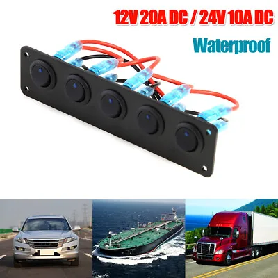 $15.99 • Buy Waterproof 5 Gang Blue LED Rocker Switch Panel 12V 20A 24V 10A For Car Boat