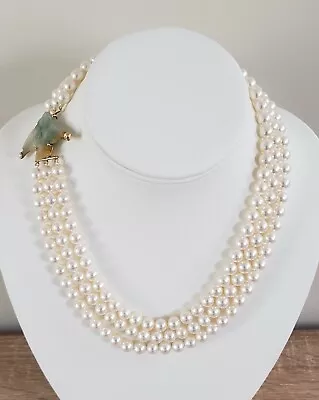 Ming's Honolulu 3 Strand Akoya Pearl Necklace W/ Jade Angelfish & 14k Gold Clasp • $3600