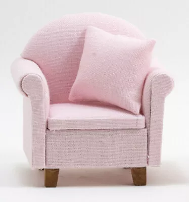 Dollhouse Miniature Modern Arm Chair Pink Fabric With Pillow Wood Legs CLA10905 • $15.29