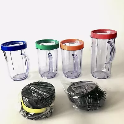 Magic Bullet Oversized Party Mugs Colored Rings Lids Flip Top Lids Lot / Set • $22.50