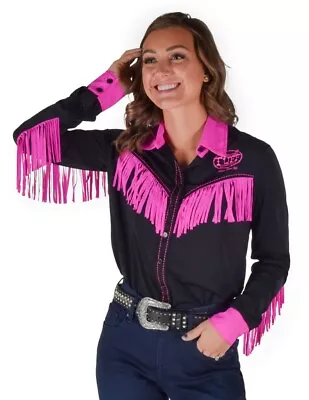 Cowgirl Tuff Western Shirt Womens L/S Fringe Black Hot Pink 100818 • $109.99