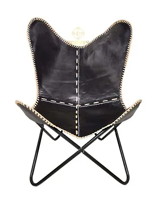 $198.39 • Buy Genuine Leather Hand-Stitching Butterfly Chair - Black Leather Arm Chair PL2-49