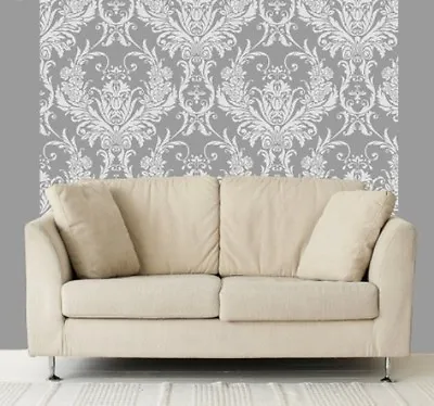 £11.99 • Buy Debona Damask Medina Flock Effect Silver White Luxury Feature Wallpaper 4001