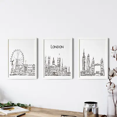 London Skyline Trio Prints Sketched Art Drawing London Cityscape • £19.99