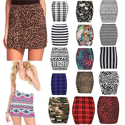 £5.99 • Buy New Womens Ladies Printed Stretch Elasticated Jersey Bodycon Short Mini Skirts