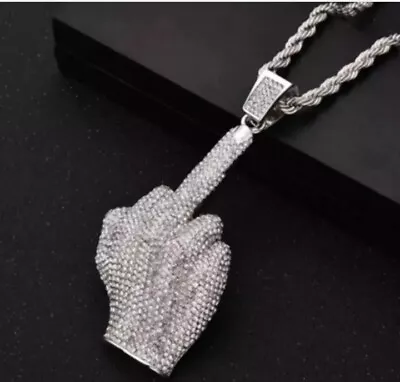 Iced Out Angry Middle Finger Hip Hop Necklace Jewelry Pendant Bling Rhinestones • £6.45