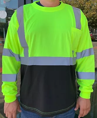 Yellow High Visibility Long Sleeve Safety Shirt Reflective / Black Bottom • $12.99