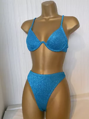 Turquoise South Beach Metallic Glitter Halter Neck Bikini Size 10 Underwired • £5.99