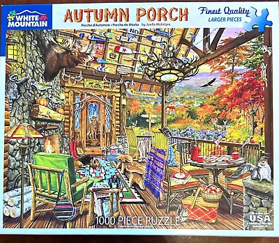 Complete Autumn Porch 1000 Pc Puzzle Antlers Moose Racoon Dog Squirrel Blankets • $15.96
