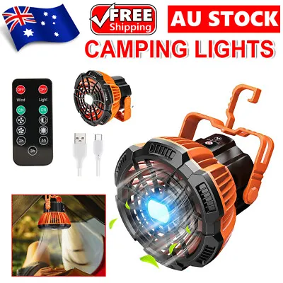 Camping Lights Fan LED Rechargeable Outdoor Hiking Tent Lantern With Hook Remote • $30.85