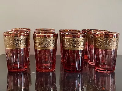 Vintage Moser Self 12 Ruby Red Crystal Cut Tumblers With Heavy Gold Decoration • $449