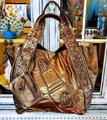 Vintage Betsey Johnson Bronze Leather Stud Lipstick Large Hobo Bag Dress Handbag • $99.99