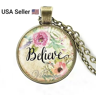 Vintage Believe Necklace Letter Printed Glass Dome Bible Verse Pendant Women Men • $9.99