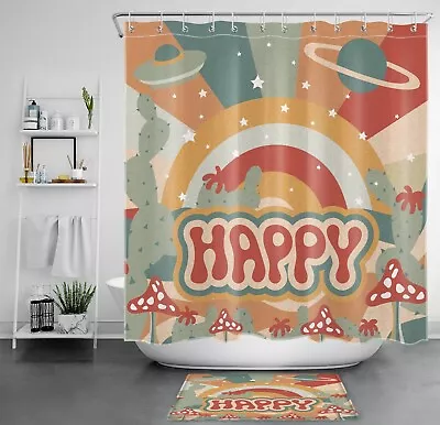 Abstract Rainbow Planet Mushroom Cactus Shower Curtain Bathroom Accessories Set • $10.99