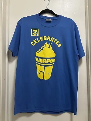 7-11 Celebrates 50th Anniversary Slurpee Blue Yellow Short Sleeves T Shirt Sz M • $15