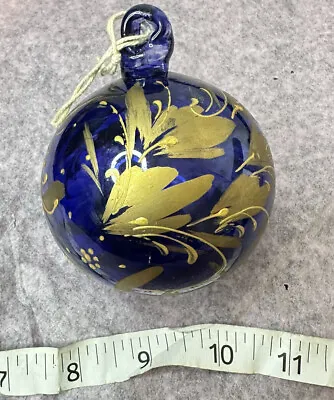 Vintage Hand Painted Blown Glass Ornament Cobalt And Gold Color • $22.79