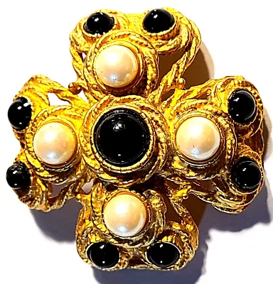 Vintage Stunning Gold Tone Black Color Glass Faux Pearl Maltese Cross Pin Brooch • $39.99