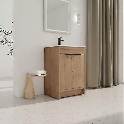24 Freestanding Bathroom Vanity W/White Ceramic Sink With Doors Imitative Oak • $428.16