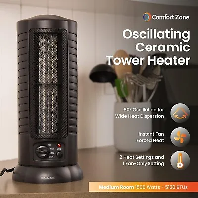 Comfort Zone CZ488 Ceramic Oscillating Mini-Tower Heater 150 Sq Ft - Black • $45.36