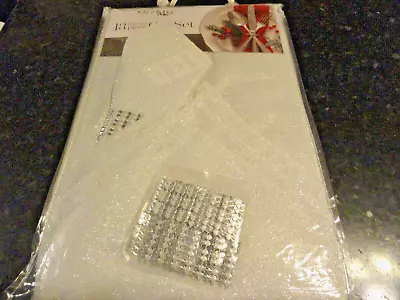 New Festive 13 Pc Napkins Rings TABLECLOTH  60  X 84  Oblong White Shiny Silver • $12.99