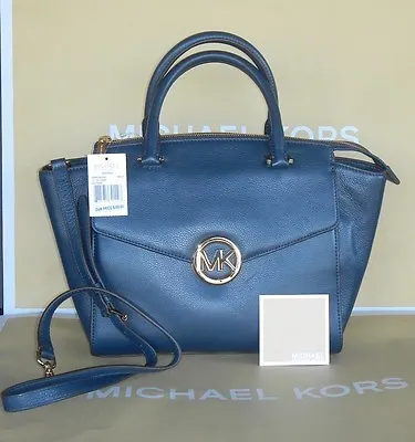  Michael Kors Signature Pebbled Leathe Large NAVY Hudson Satchel Bag NWT $398.00 • $184.99