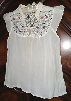 I Love H81 Top S Boho Hippie Embroidered Cotton Coachella Peasant Shirt Blouse • $24.99