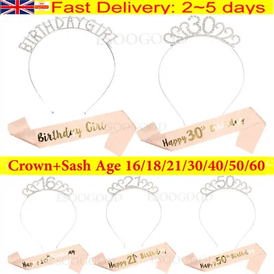 Birthday Rose Gold Sash Silver Rhinestone Tiara Crown 18/21st/30/40/50th Party • £4.79