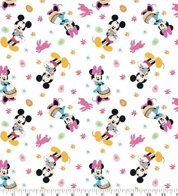 $12.50 • Buy Fabric Cotton Mickey & Minnie Mouse Easter Icon Egg Basket Bunny On White BTY