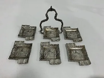 Antique German 800 Silver Signed Set Of 6 Ashtray Plus Holder W/ Boat Windmill • $250