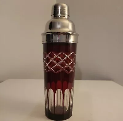 Ruby Red Cut To Clear Glass & Chrome Martini Cocktail Shaker Vintage Mid Century • $100