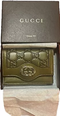 AUTHENTIC  Gucci Sukey GUCCISSIMA LEATHER Olive Green Card Card Case WALLET NEW! • $199