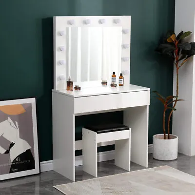 Dressing Table With LED Mirror Modern Makeup Desk Vanity Table Set + Stool White • £89.95