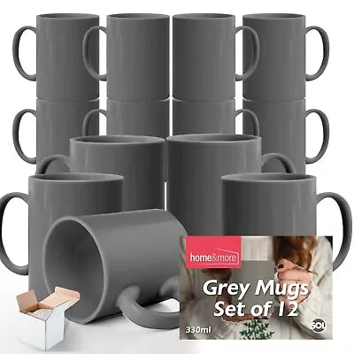 12-36 Set Of GREY Mugs 330ml Large Stoneware Ceramic Coffee Tea Cup Bulk + Boxes • £19.99