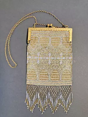 Antique Art Deco Gold Silver Handmade French Steel Bead Fringe Purse Flapper 20s • $89