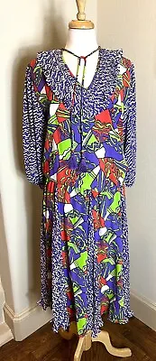 VTG 80s Diane Fres Georgette Purple Geometric Long Sleeve Dress L XL • $85