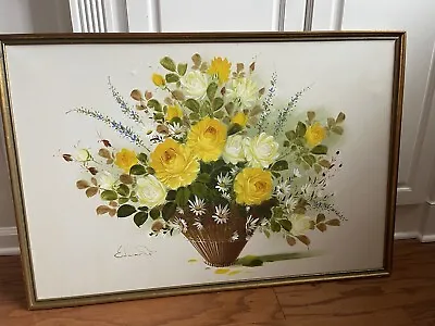 VINTAGE Yellow Rose Daisy Floral Original Oil PAINTING By Edwards ~37x25” • $80