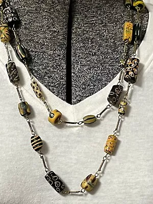 1970's Moroccan Gold Tone Chain Link Glass Hand Painted Bead Necklace Unsigned • $75