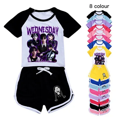 Kids Wednesday The Addams Family Shorts T-shirt Set PJ'S Loungewear Tracksuit • £11.99