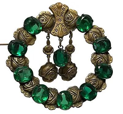 Antique Czech Green Glass Victorian Pin Brooch Etched Brass Cabbage Rose Charms • $89.95