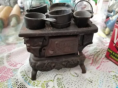 Vintage Crescent Mini Cast Iron Wood Burning Stove Toy With Pots & Pans • $58.59