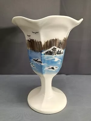 Vintage Art Pottery Wine Chalice Goblet Hand Painted Alaskan Wilderness Cabin • $19.99