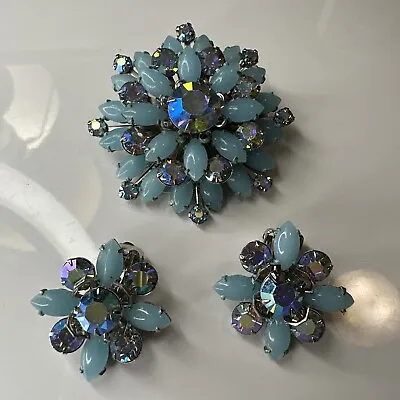 1950’s Pale Goth Starburst Brooch Set Powder Blue Glass Aurora Borealis Crystal  • $59