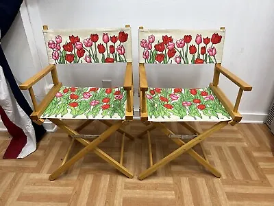 Vintage DIRECTOR CHAIR PAIR Telescope Canvas Wood Folding Wooden Patio Floral 2 • $69.99