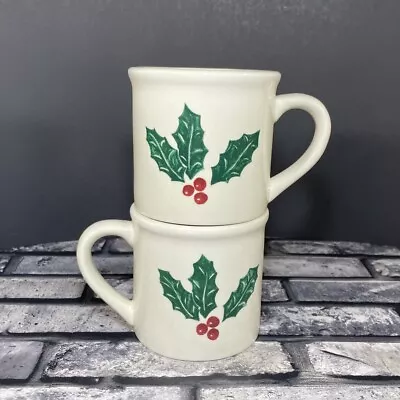 2 Eddie Bauer Exclusive Christmas Holly Large Coffee Mugs Cups White Ceramic • $22