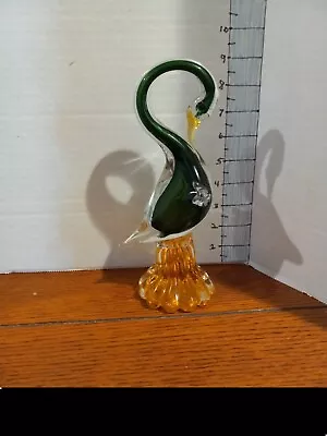 Vintage Murano  Art Glass Swan / Duck Figurine Green/Gold 9' AVeM       (PM) • $44