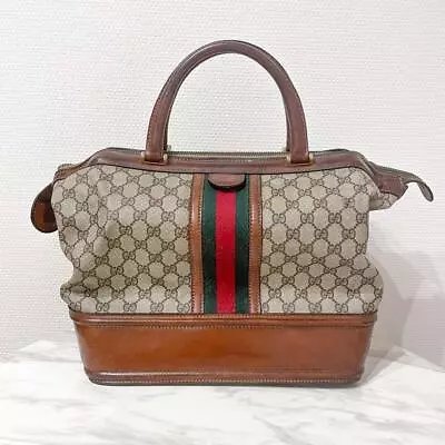 GUCCI Sherry Vintage Boston Bag Handbag GG Supreme PVC Navy Authentic MBa0434 • $269.99