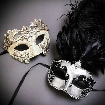 Masquerade Party Couple Masks - Feather Women Venetian Men Mask Set Black Silver • $23