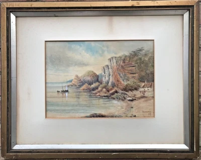 £37.90 • Buy 1907 Antique Original Oil Painting Sea Boats Cliffs Framed 57cm Signed By Artist